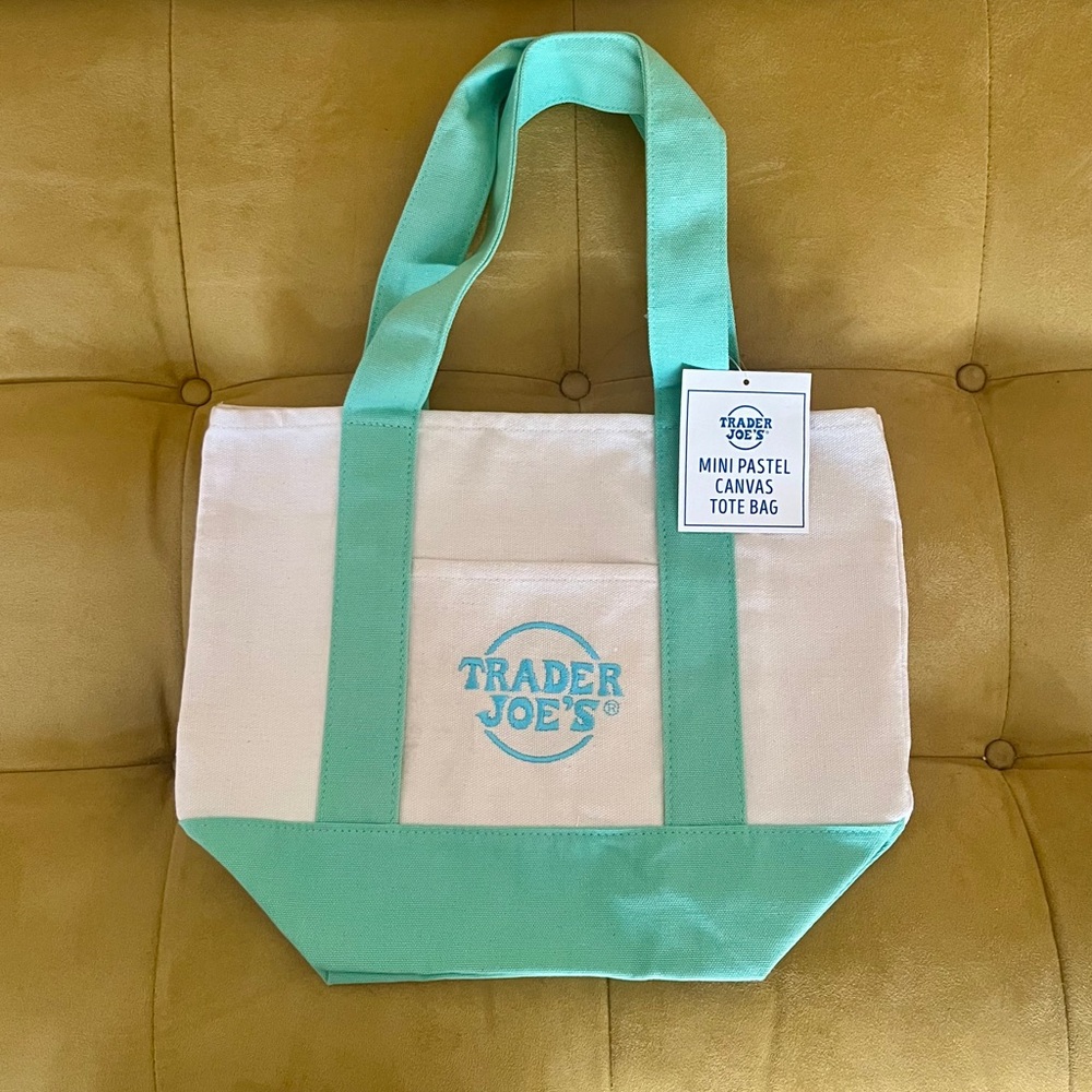 Trader Joe's Pastel Green and Cream Mini Canvas Tote- NWT